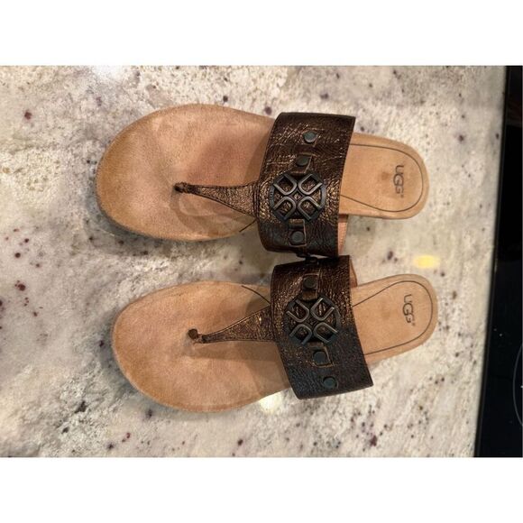Ugg Bronze Leather Cork Wedge Sandals sz 8 EUC - Picture 2 of 7